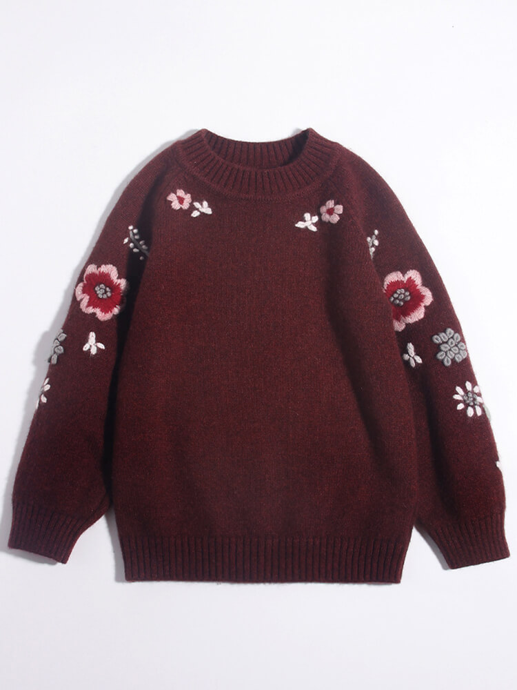 Kids Burgundy Floral Embroidered Cashmere Pullover Sweater